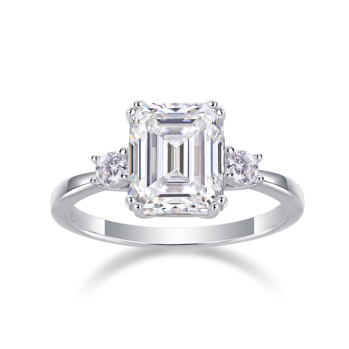 Token Emerald-Cut Moissanite Three-Stone Ring in Sterling Silver