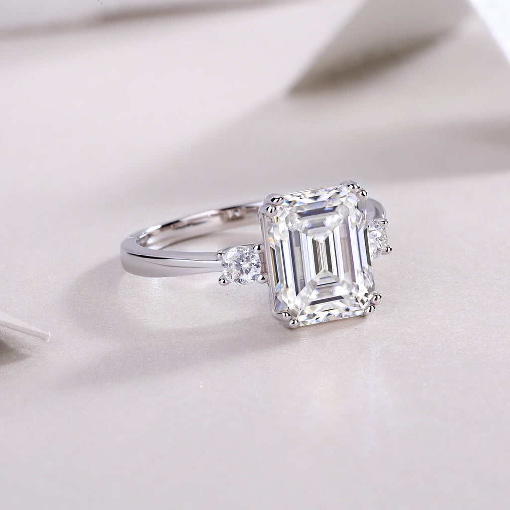 Token Emerald-Cut Moissanite Three-Stone Ring in Sterling Silver