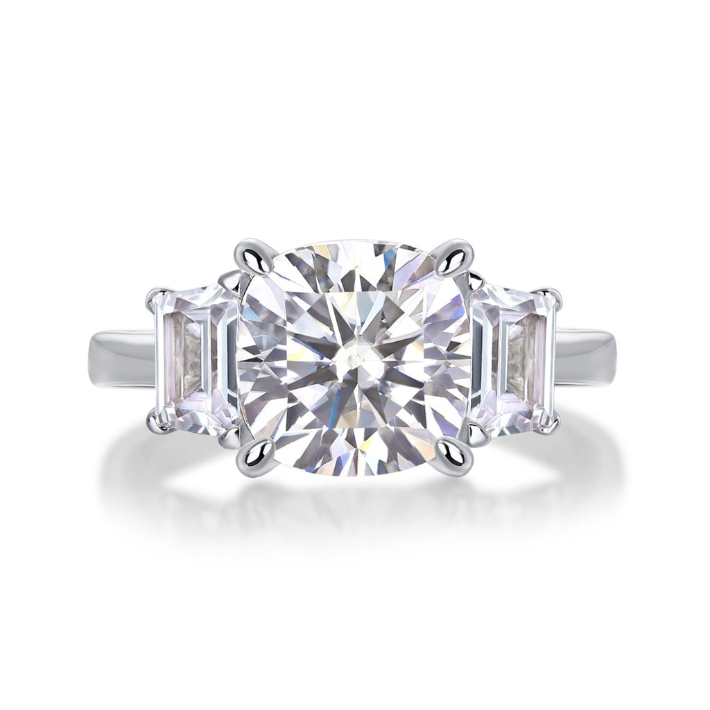 Seeker Cushion-Cut Moissanite Three-Stone Ring in Sterling Silver