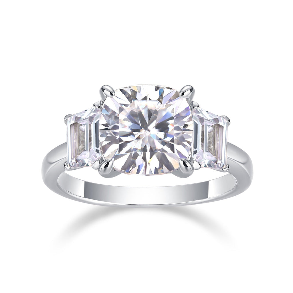 Seeker Cushion-Cut Moissanite Three-Stone Ring in Sterling Silver