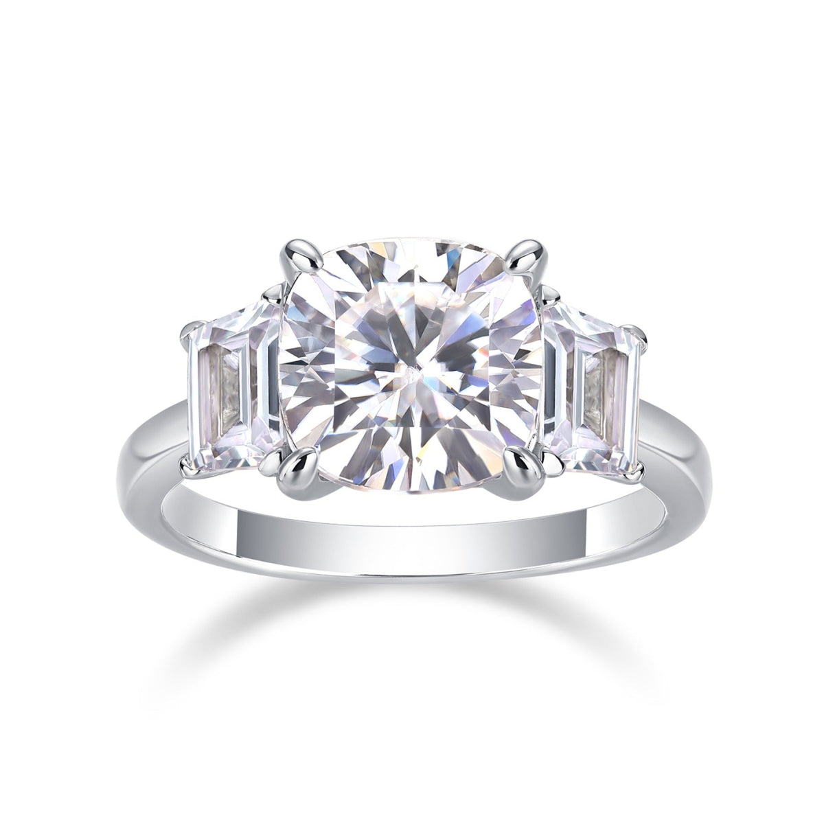 Seeker Cushion-Cut Moissanite Three-Stone Ring in Sterling Silver