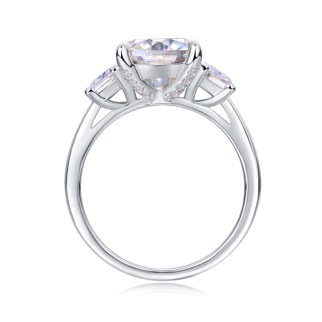Seeker Cushion-Cut Moissanite Three-Stone Ring in Sterling Silver