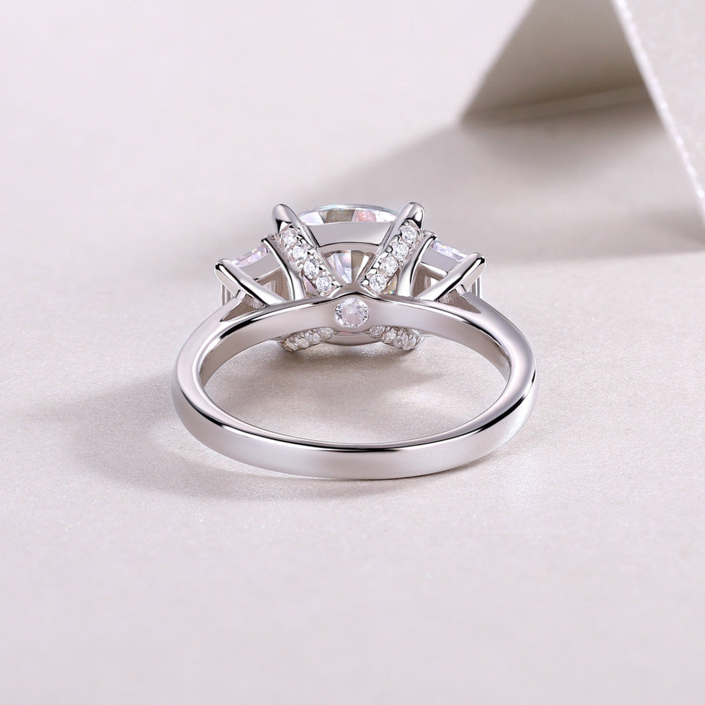 Seeker Cushion-Cut Moissanite Three-Stone Ring in Sterling Silver