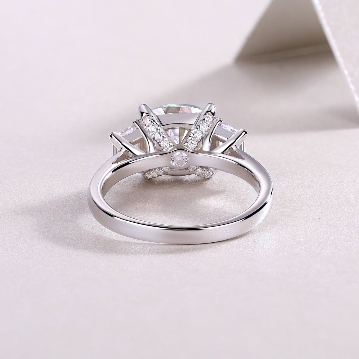 Seeker Cushion-Cut Moissanite Three-Stone Ring in Sterling Silver