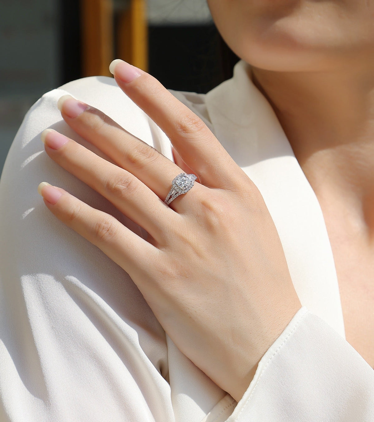 Evermore Cushion-Cut Moissanite Halo Ring in Sterling Silver