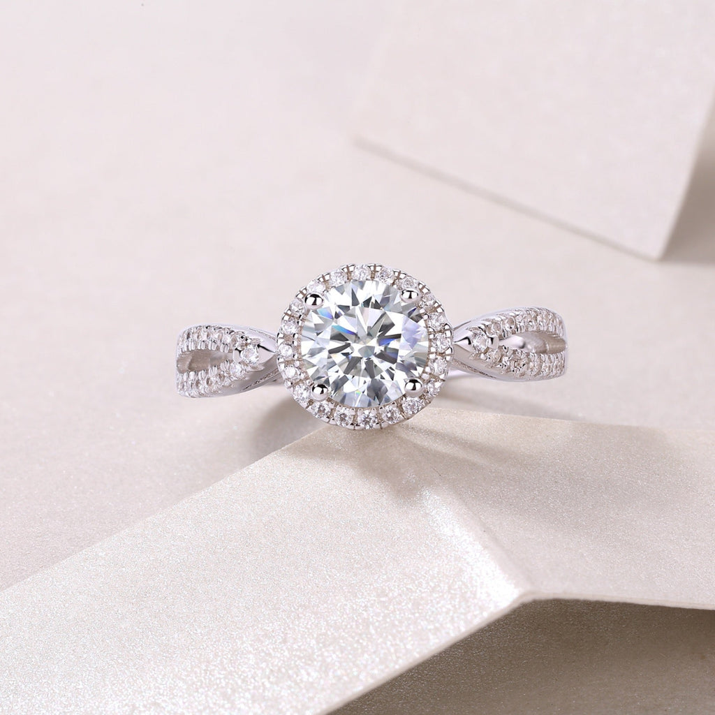 Betrothed Moissanite Halo Ring in Sterling Silver