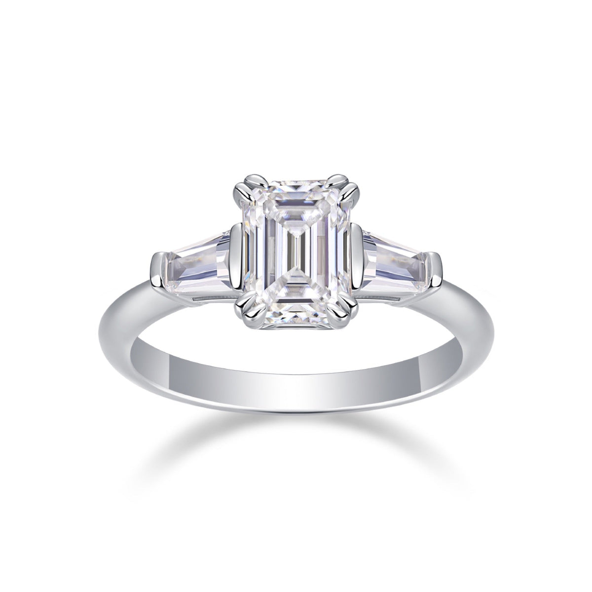 Pledge Emerald-Cut Moissanite Three-Stone Ring in Sterling Silver