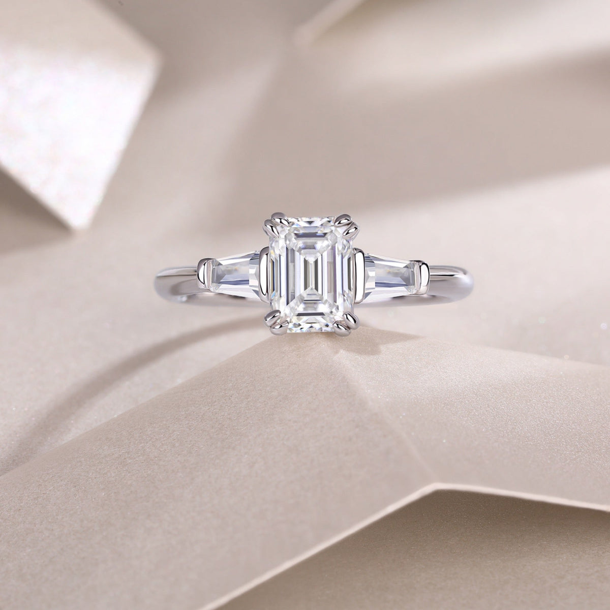 Pledge Emerald-Cut Moissanite Three-Stone Ring in Sterling Silver