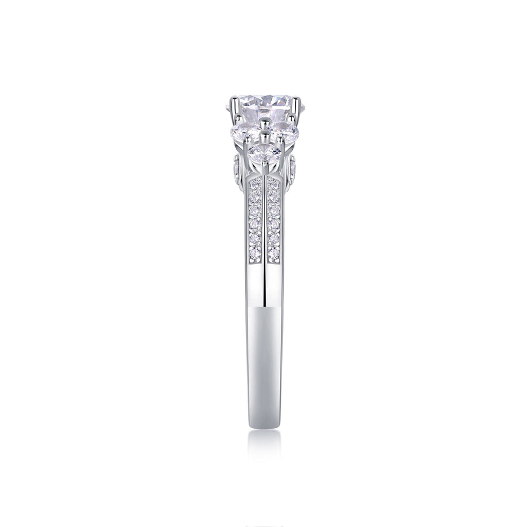 Coral Moissanite Three-Stone Ring in Sterling Silver