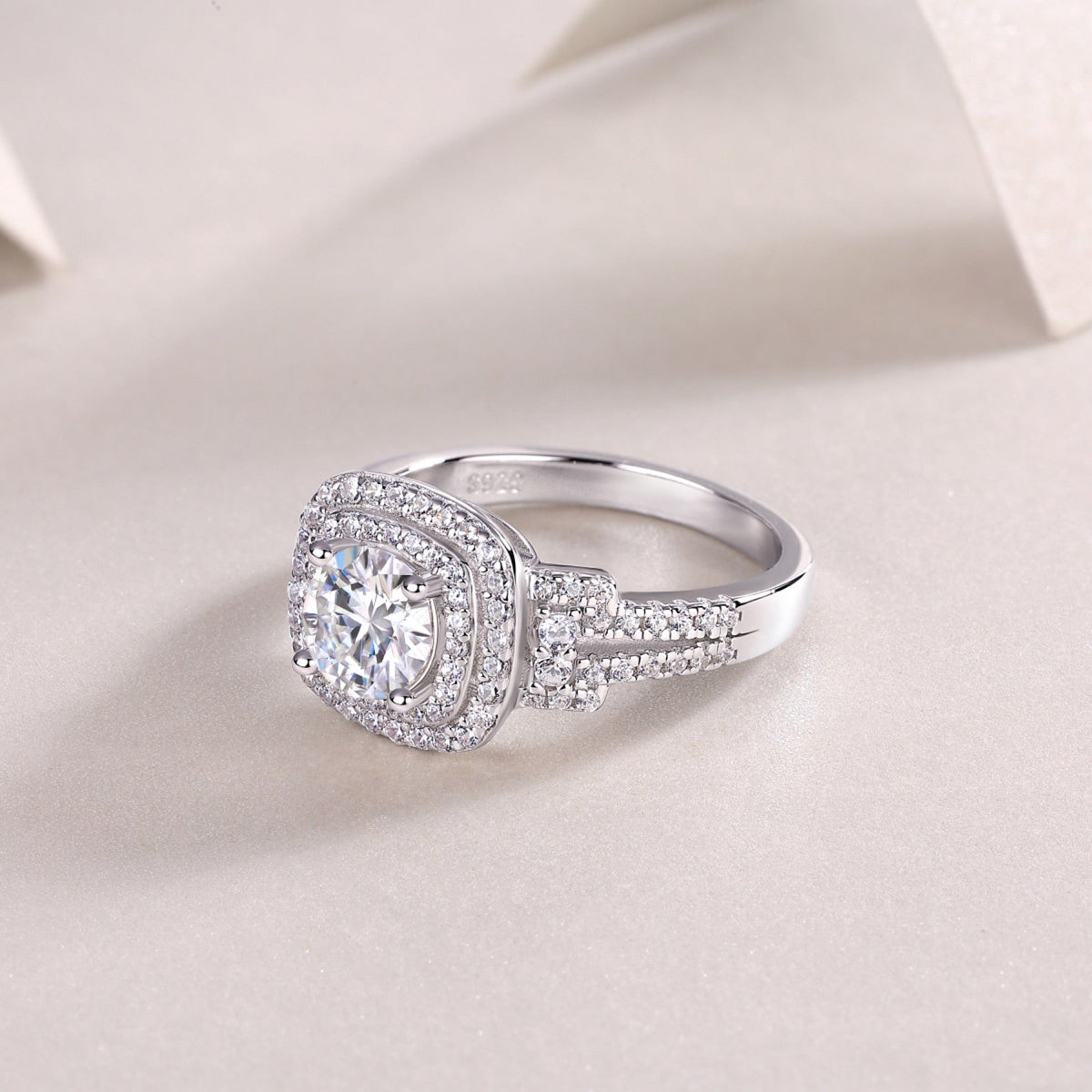 Molten Moissanite Halo Ring in Sterling Silver