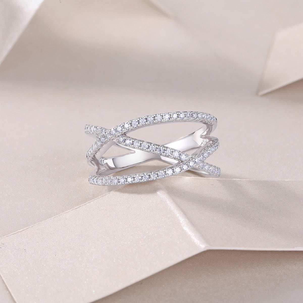 Crossover Moissanite Band Ring in Sterling Silver