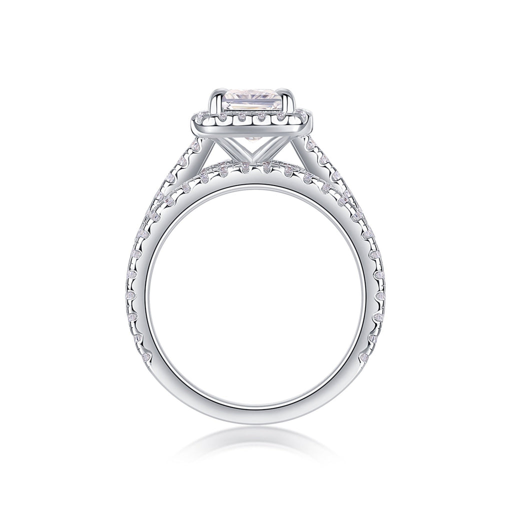 Elegance Emerald-Cut Moissanite Halo Ring in Sterling Silver