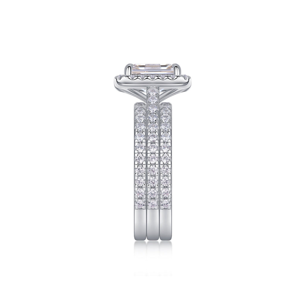 Elegance Emerald-Cut Moissanite Halo Ring in Sterling Silver