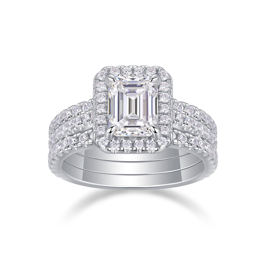 Elegance Emerald-Cut Moissanite Halo Ring in Sterling Silver