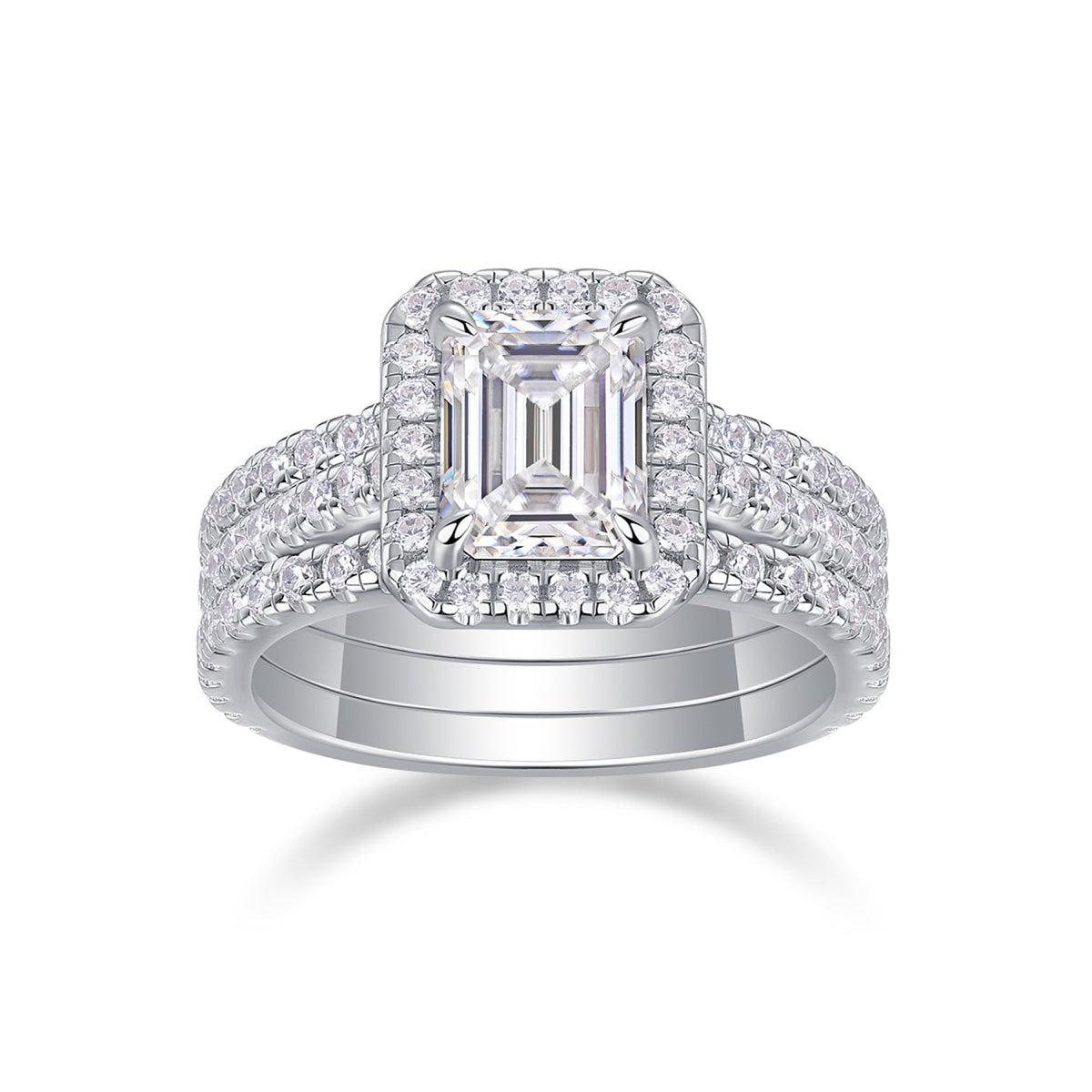 Elegance Emerald-Cut Moissanite Halo Ring in Sterling Silver