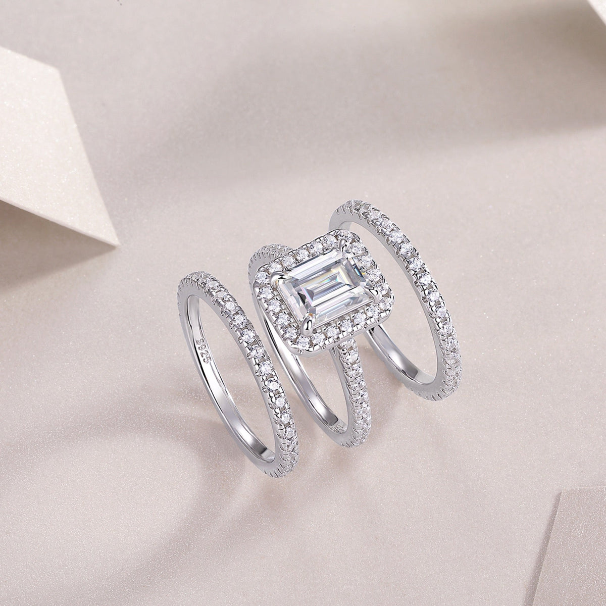 Elegance Emerald-Cut Moissanite Halo Ring in Sterling Silver