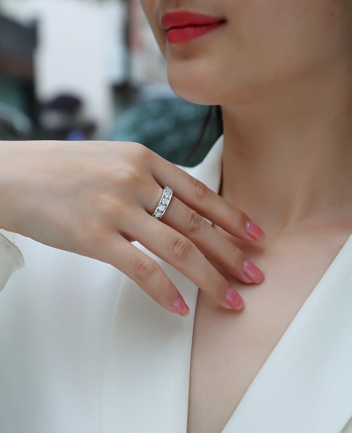Channel Moissanite Eternity Band Ring in Sterling Silver