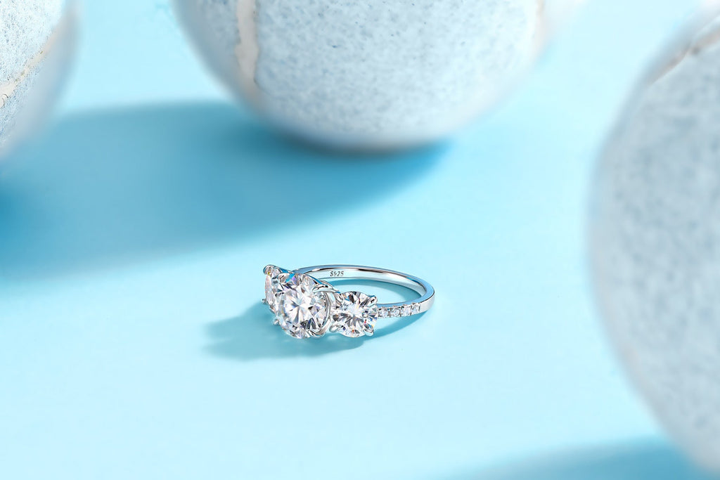 Triradiance 3 Carat Moissanite Three-Stone Ring in Sterling Silver