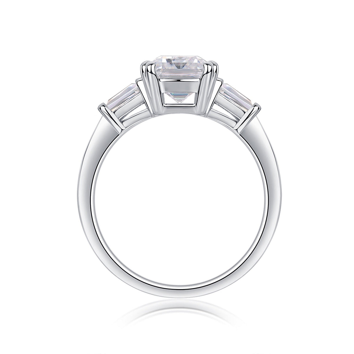 Reflekt Emerald-Cut Moissanite Three-Stone Ring in Sterling Silver