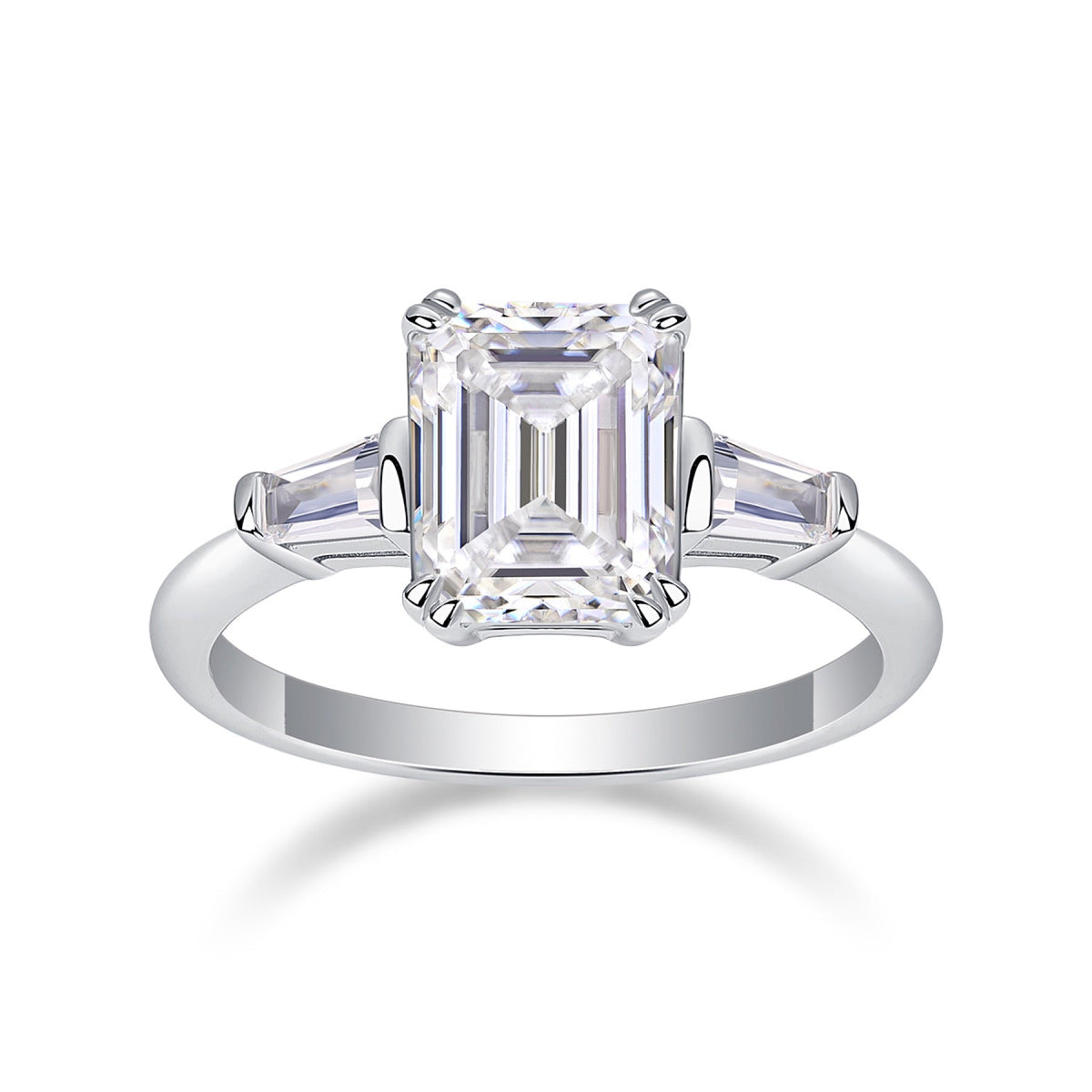 Reflekt Emerald-Cut Moissanite Three-Stone Ring in Sterling Silver