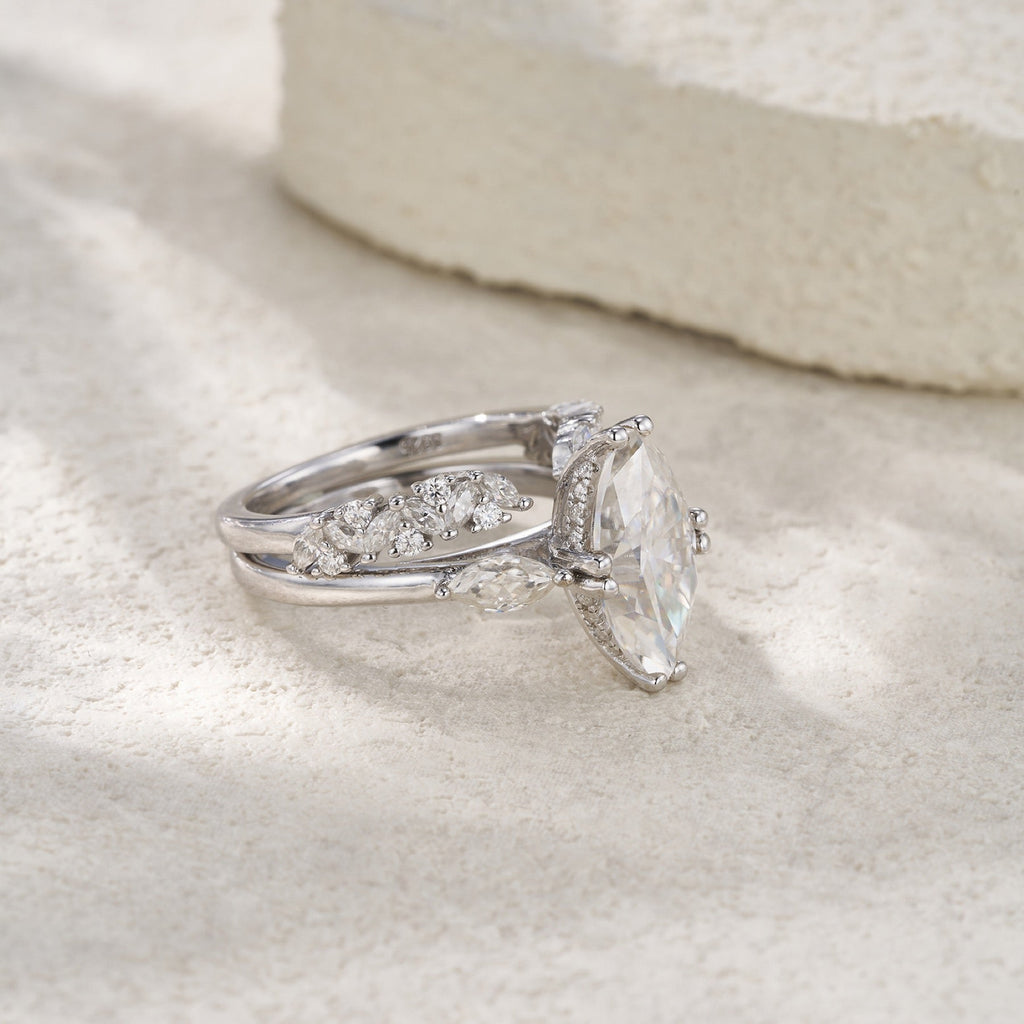 Naveta Marquise-Cut Moissanite Bridal Set Ring in Sterling Silver