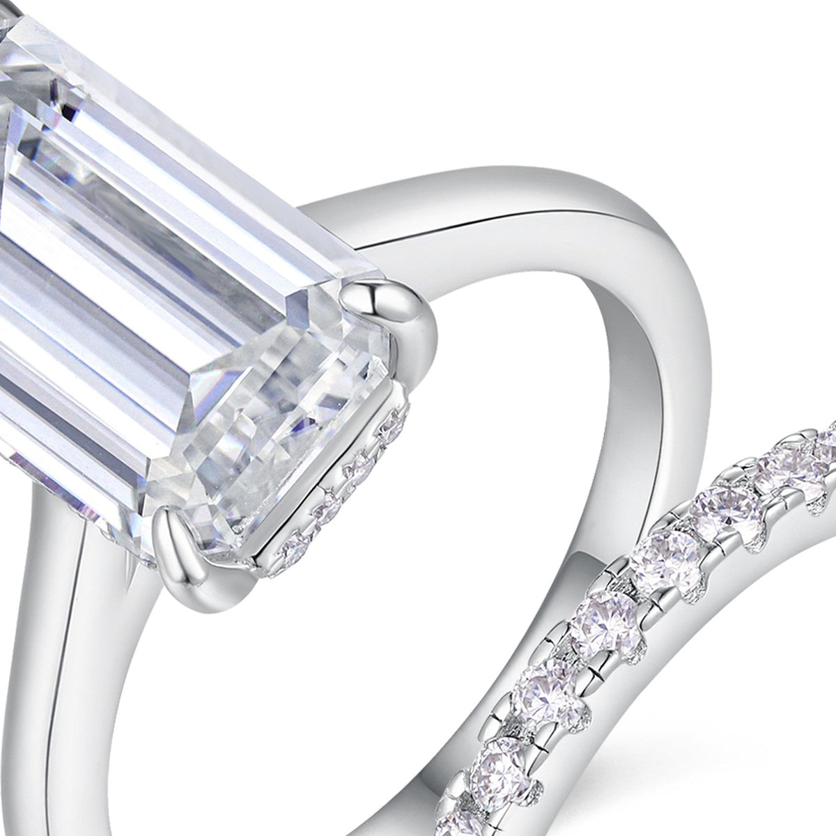 Emeraldbridal Emerald-Cut Moissanite Bridal Set Ring in Sterling Silver