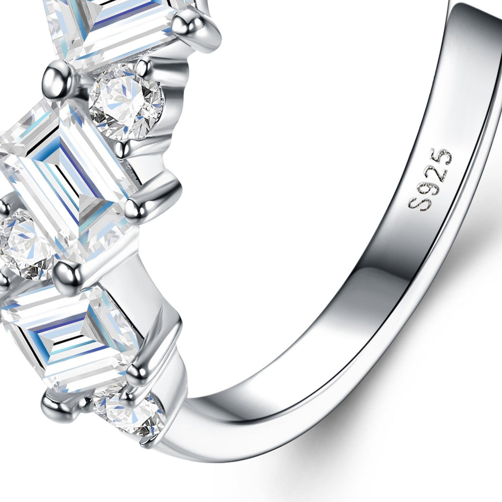 Trismeraldo Emerald-Cut Moissanite Three-Stone Ring in Sterling Silver