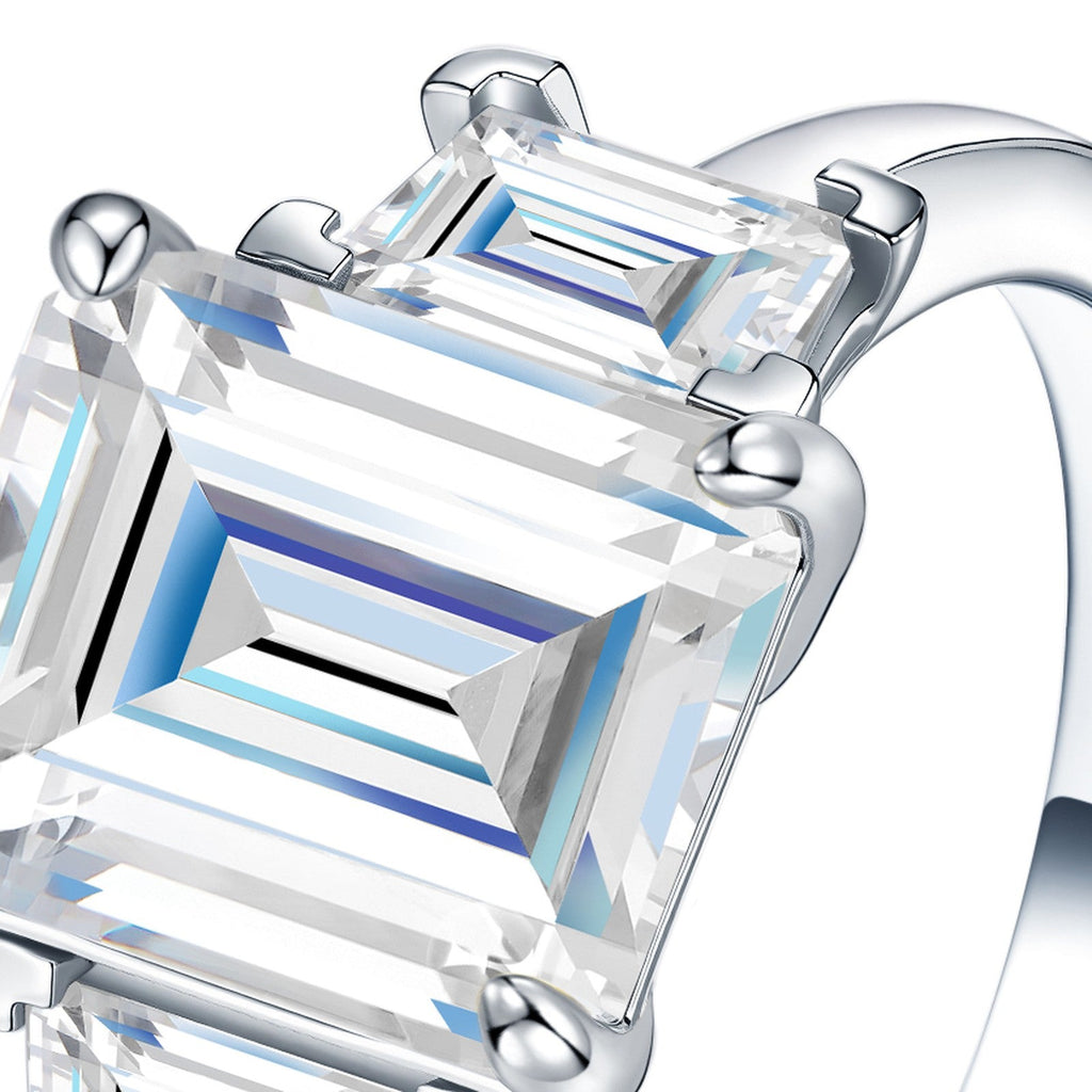 Verdello Emerald-Cut Moissanite Three-Stone Ring in Sterling Silver