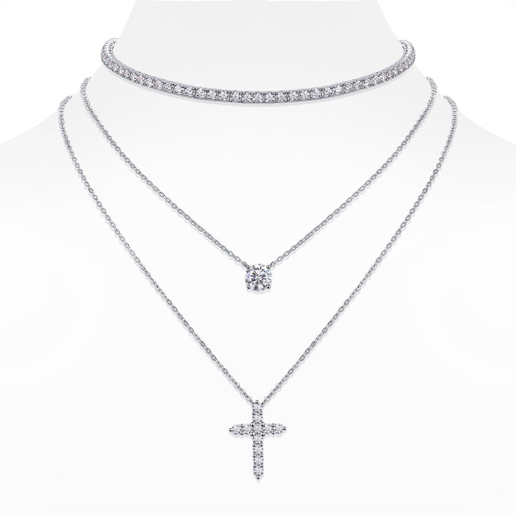 Aureocroce Moissanite Layered Necklace in Sterling Silver