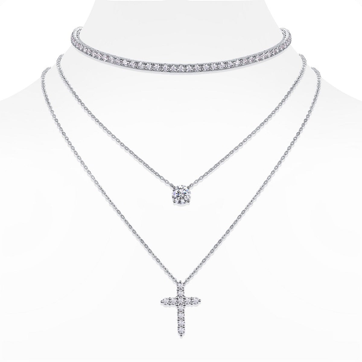 Aureocroce Moissanite Layered Necklace in Sterling Silver