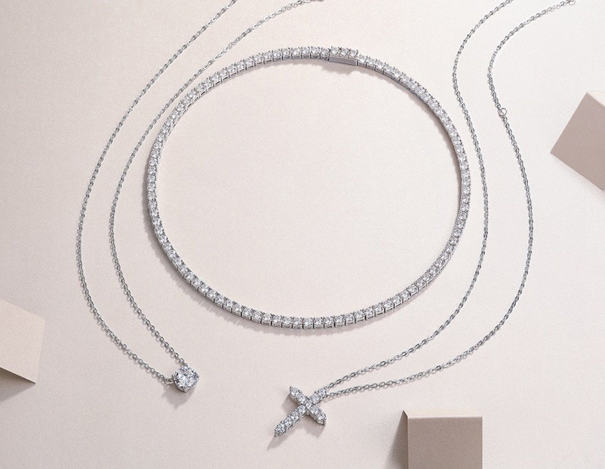 Aureocroce Moissanite Layered Necklace in Sterling Silver