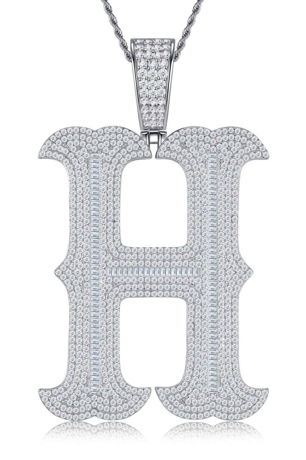 Initial H Moissanite Iced Letter Pendant Necklace in Sterling Silver