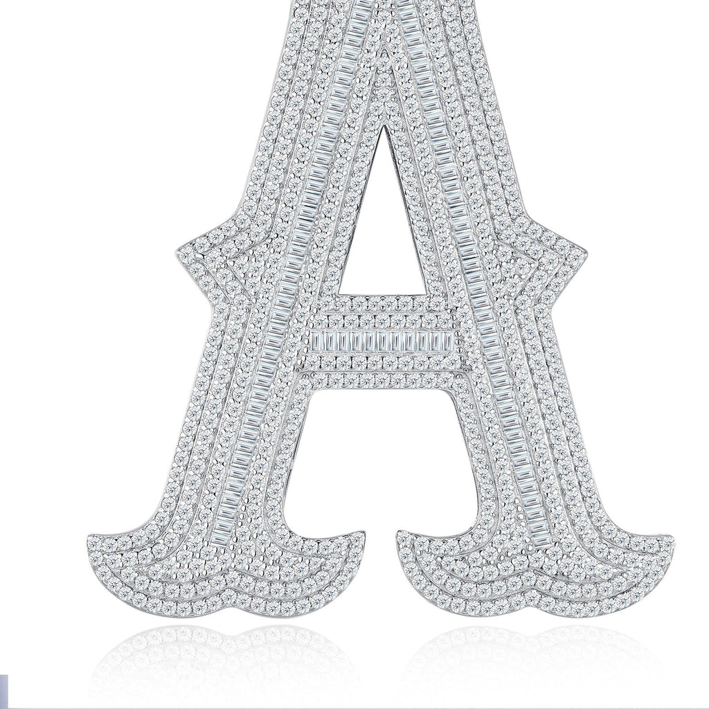 Initial A Moissanite Iced Letter Pendant Necklace in Sterling Silver