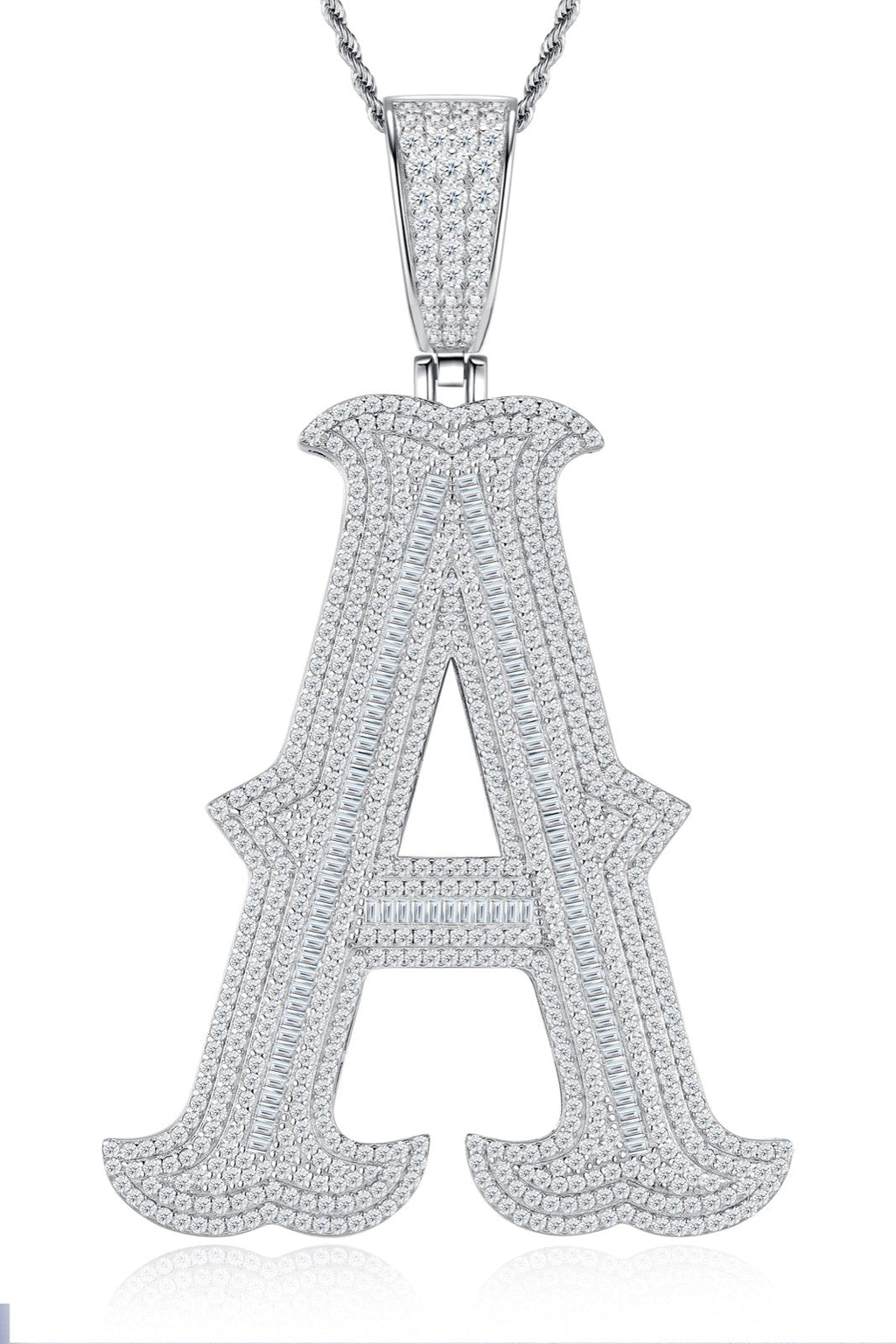 Initial A Moissanite Iced Letter Pendant Necklace in Sterling Silver