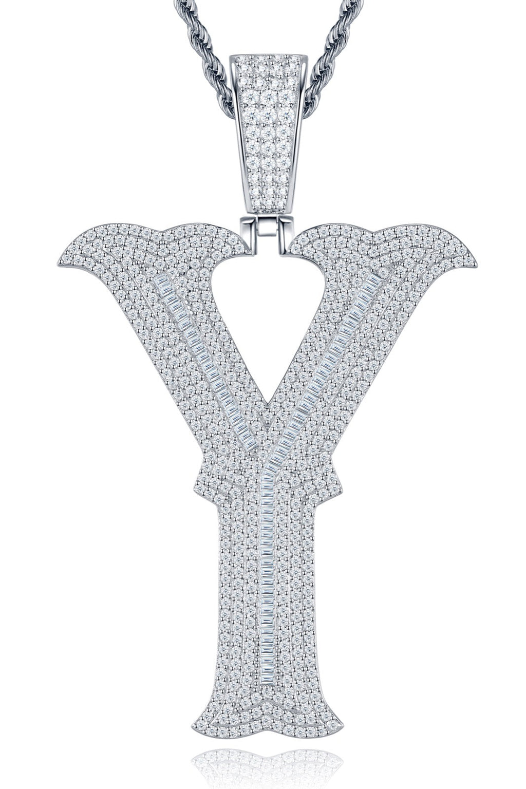 Initial Y Moissanite Iced Letter Pendant Necklace in Sterling Silver