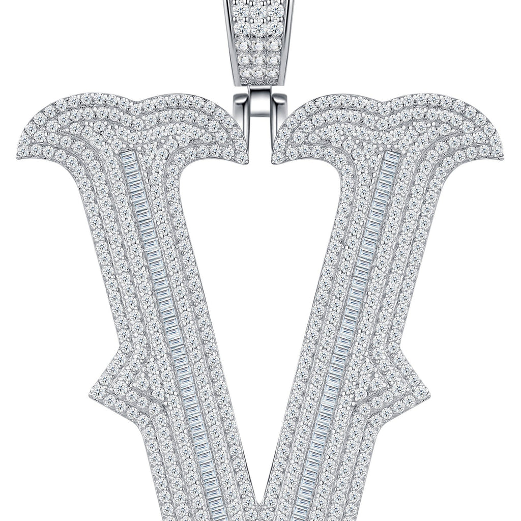 Initial V Moissanite Iced Letter Pendant Necklace in Sterling Silver
