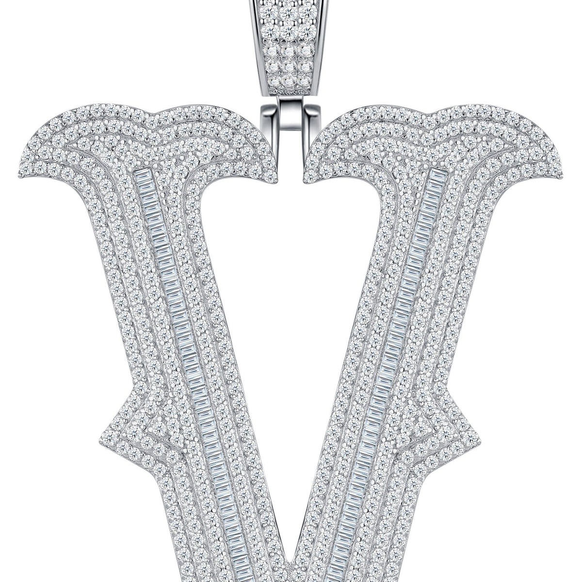Initial V Moissanite Iced Letter Pendant Necklace in Sterling Silver