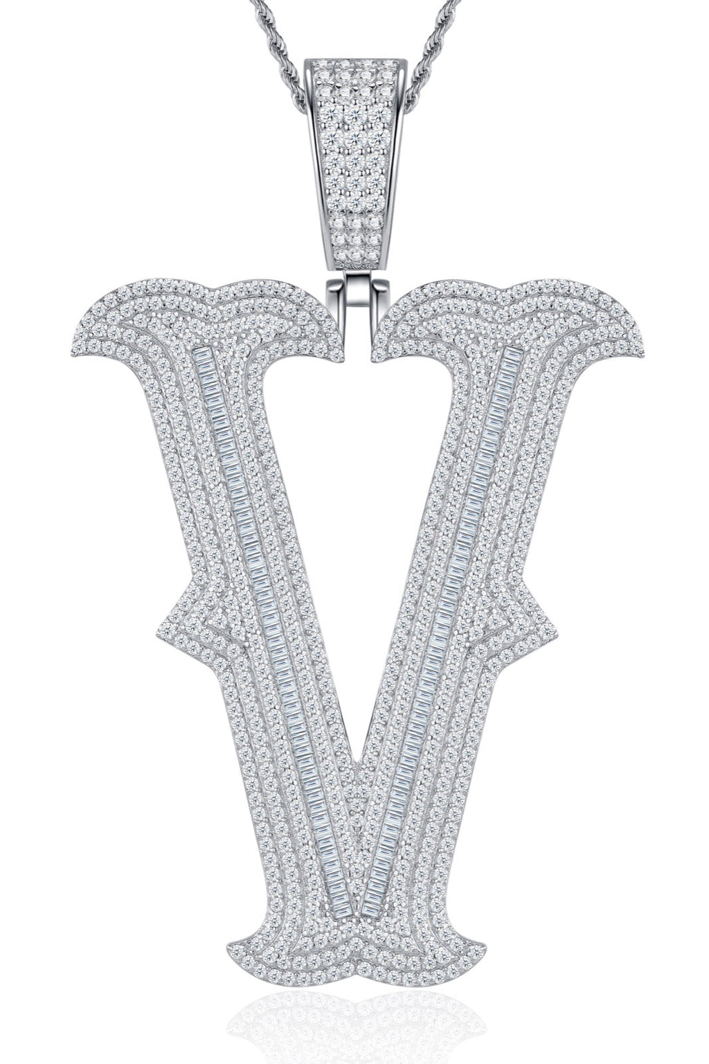 Initial V Moissanite Iced Letter Pendant Necklace in Sterling Silver