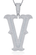 Initial V Moissanite Iced Letter Pendant Necklace in Sterling Silver