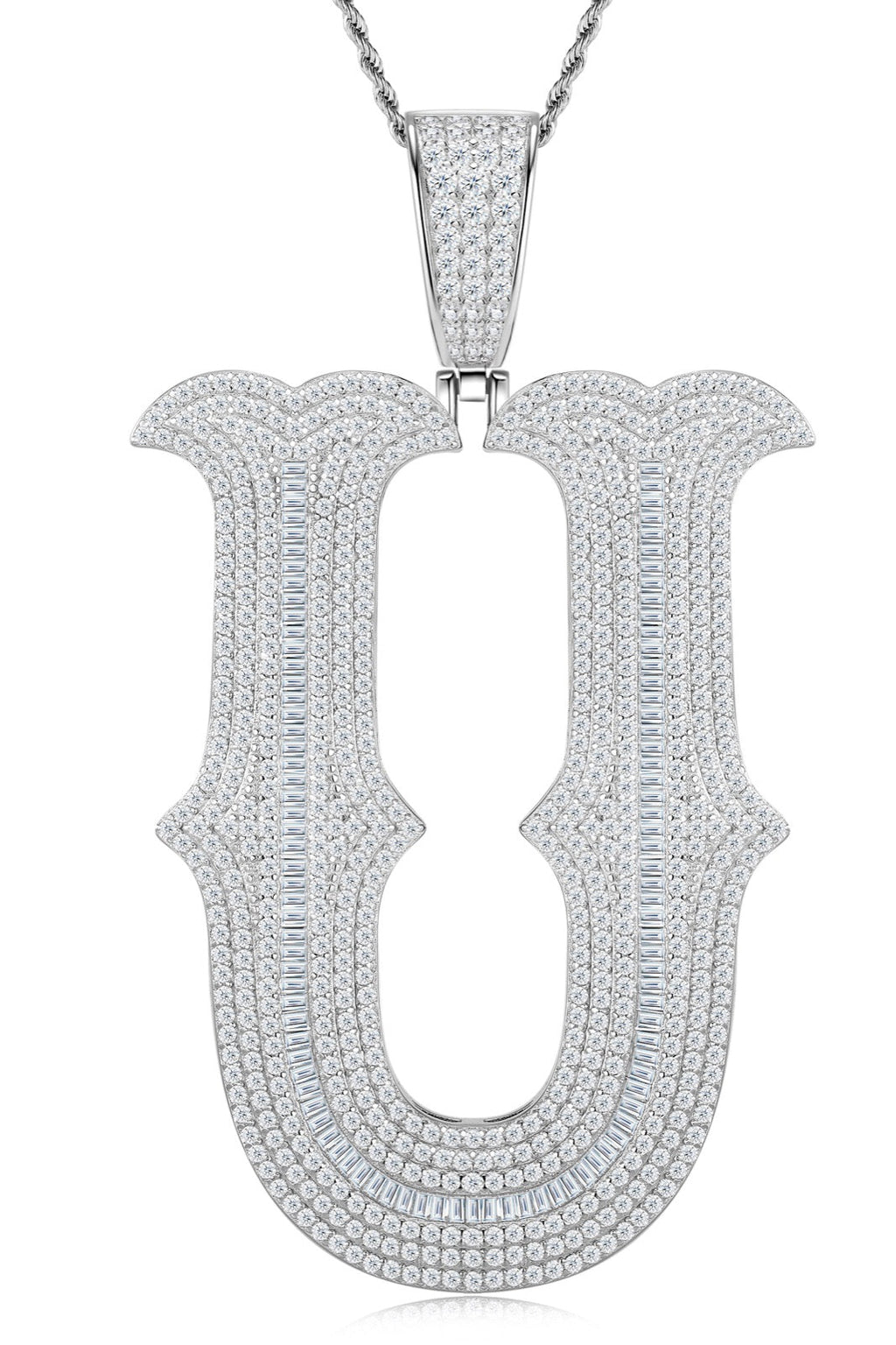 Initial U Moissanite Iced Letter Pendant Necklace in Sterling Silver