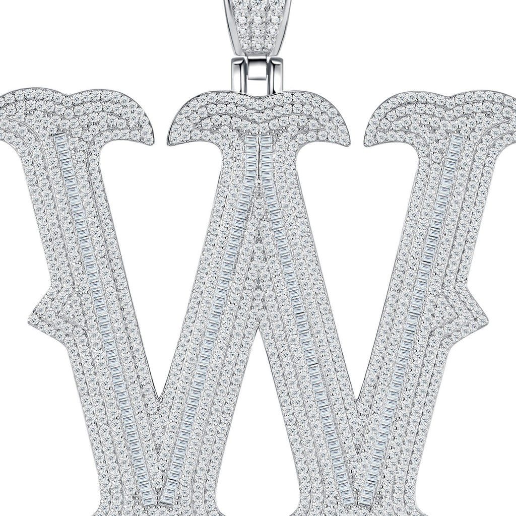 Initial W Moissanite Iced Letter Pendant Necklace in Sterling Silver