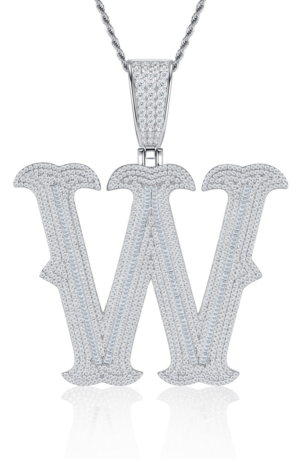 Initial W Moissanite Iced Letter Pendant Necklace in Sterling Silver