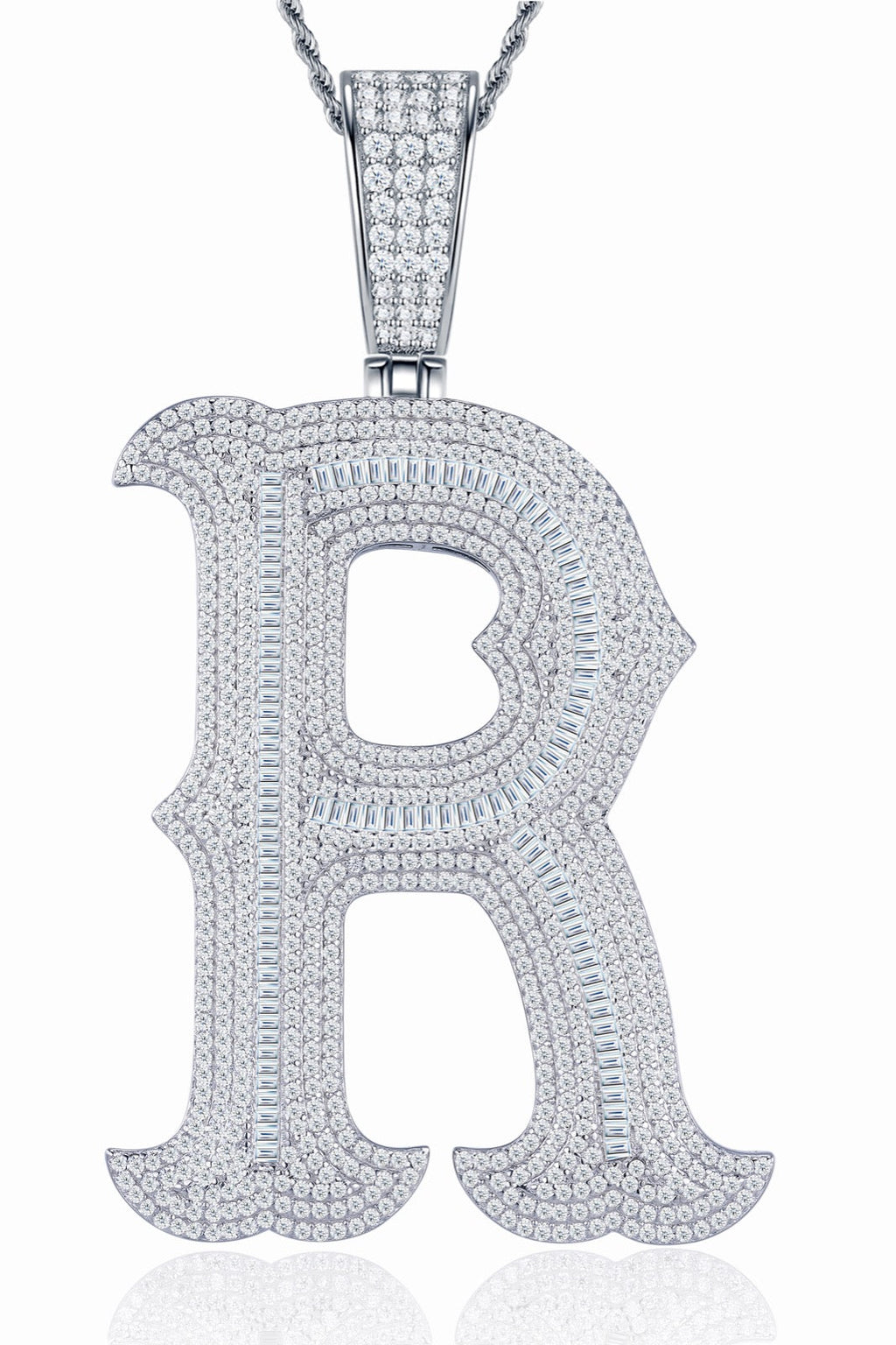 Initial R Moissanite Iced Letter Pendant Necklace in Sterling Silver