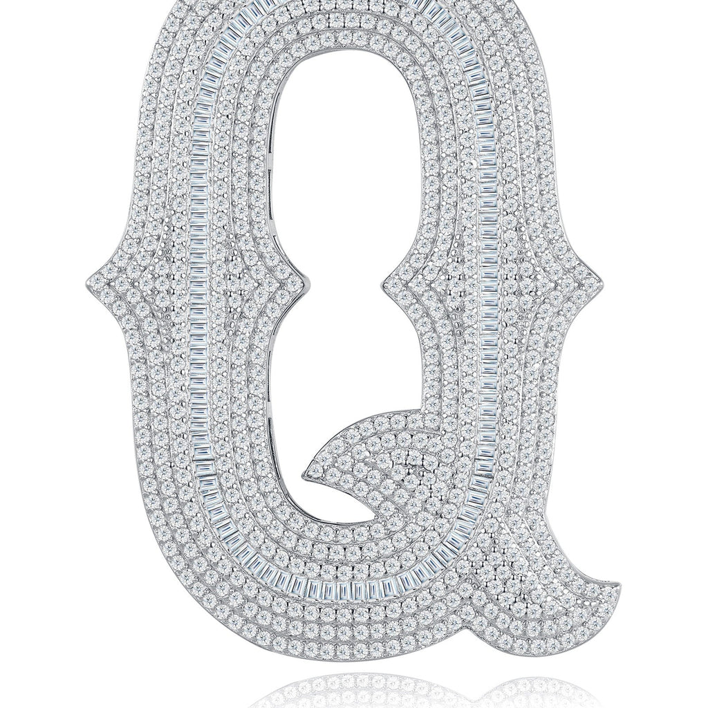 Initial Q Moissanite Iced Letter Pendant Necklace in Sterling Silver