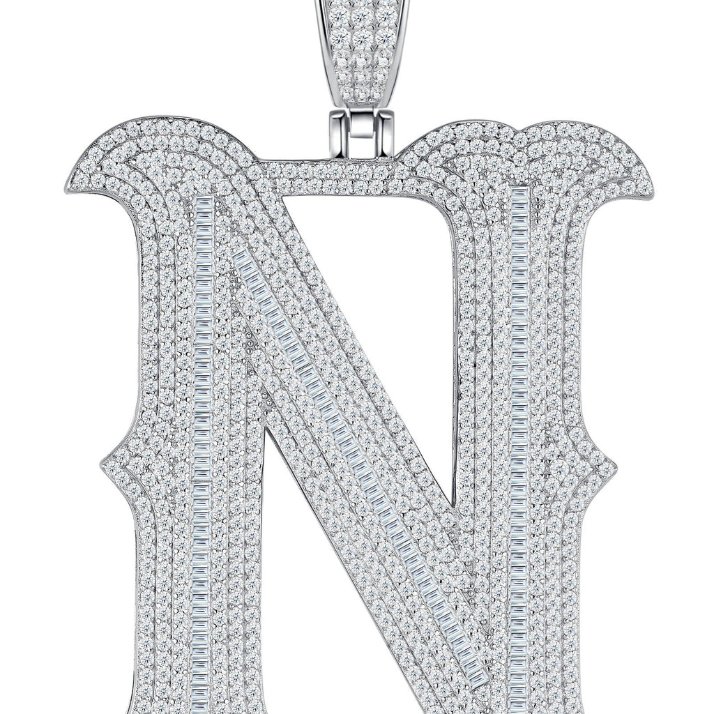 Initial N Moissanite Iced Letter Pendant Necklace in Sterling Silver