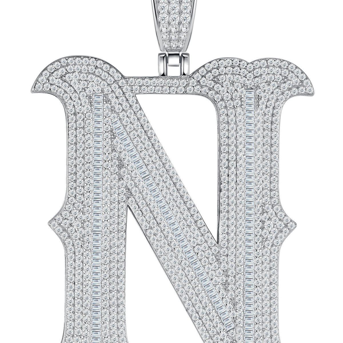 Initial N Moissanite Iced Letter Pendant Necklace in Sterling Silver