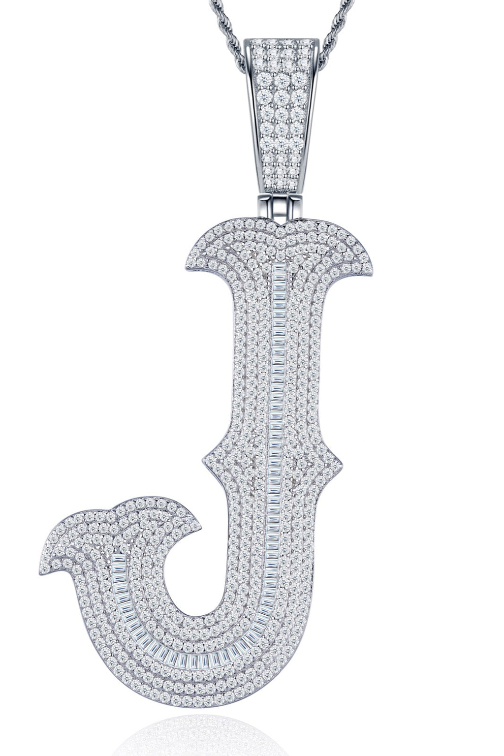 Initial J Moissanite Iced Letter Pendant Necklace in Sterling Silver