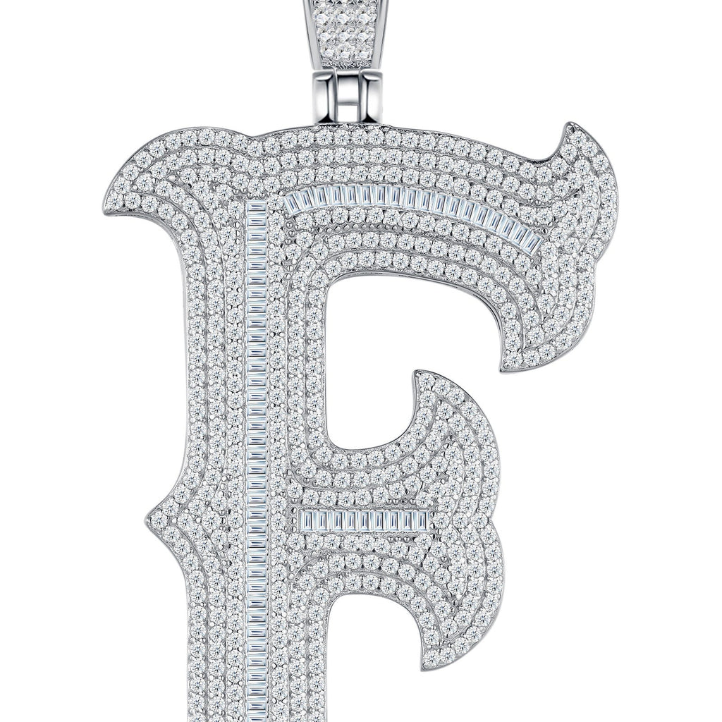 Initial F Moissanite Iced Letter Pendant Necklace in Sterling Silver