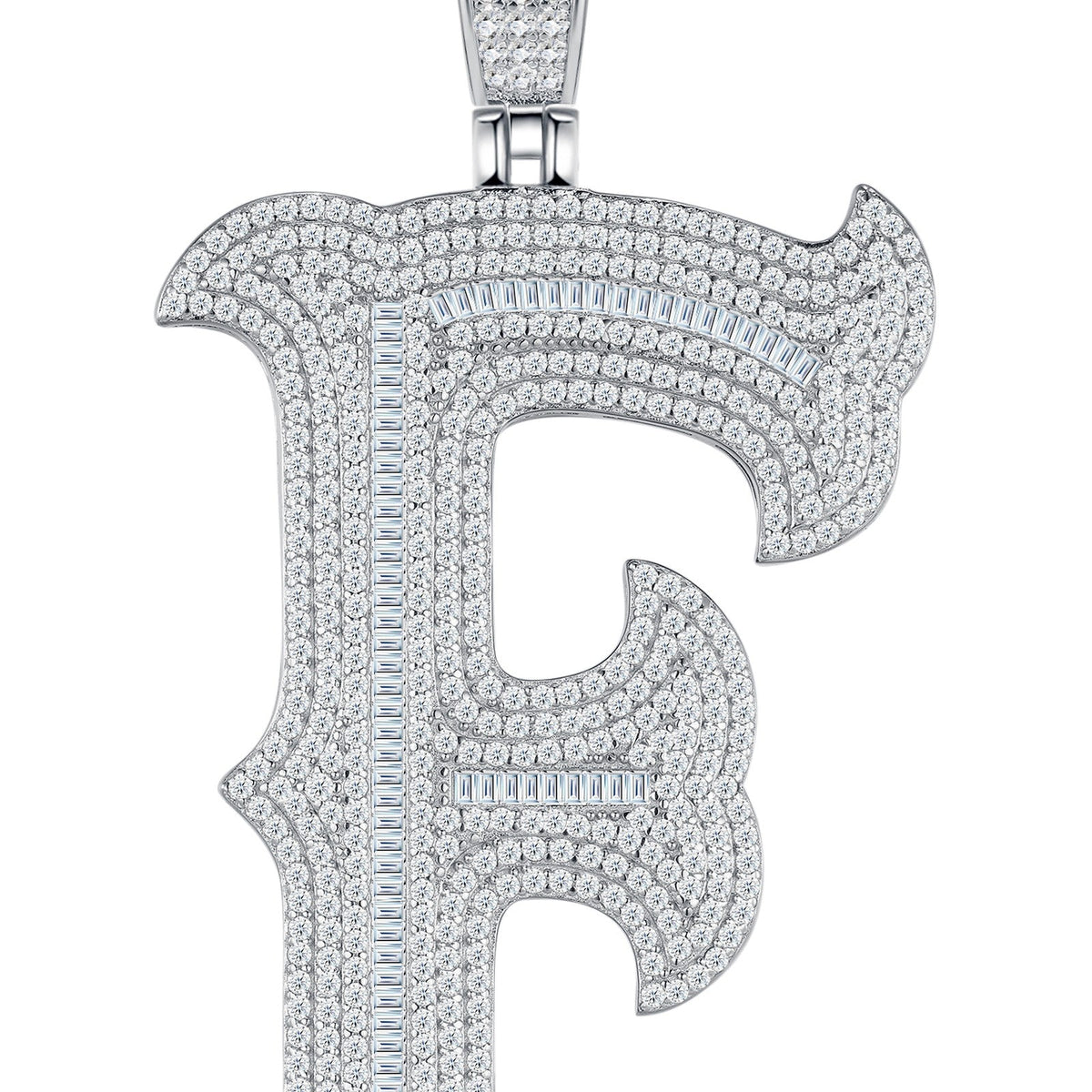 Initial F Moissanite Iced Letter Pendant Necklace in Sterling Silver