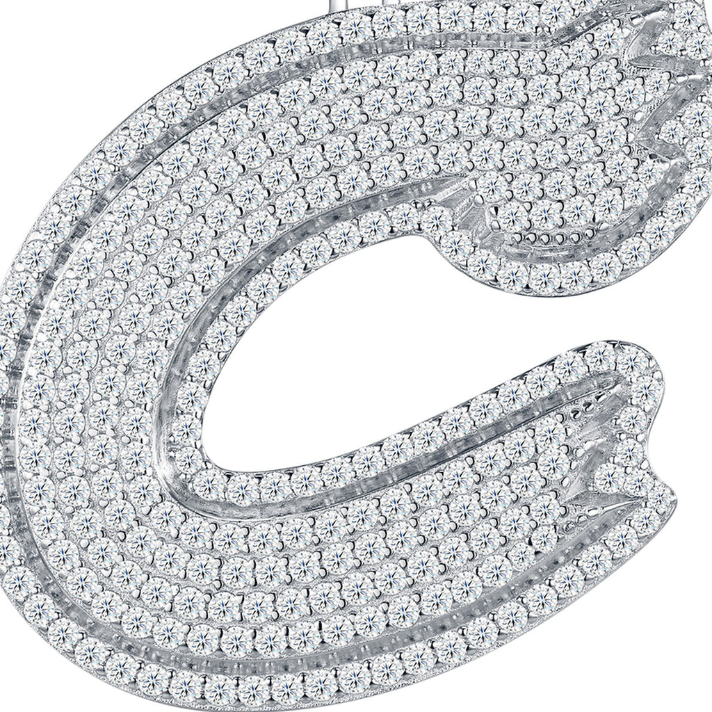 Initial C Moissanite Iced Cursive Letter Pendant Necklace in Sterling Silver